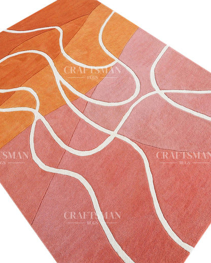 Hand‑Tufted Abstract Gradient Rug – Modern Orange, Peach & Pink Carpet with Flowing White Curves for Artistic Living Room Decor