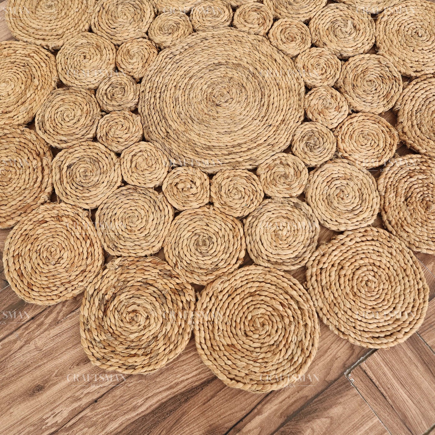 Sunburst Round Jute Hand-Woven Natural Rug – Braided Boho Farmhouse Floral Circle Area Carpet for Living Room Bedroom Entryway