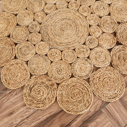 Sunburst Round Jute Hand-Woven Natural Rug – Braided Boho Farmhouse Floral Circle Area Carpet for Living Room Bedroom Entryway
