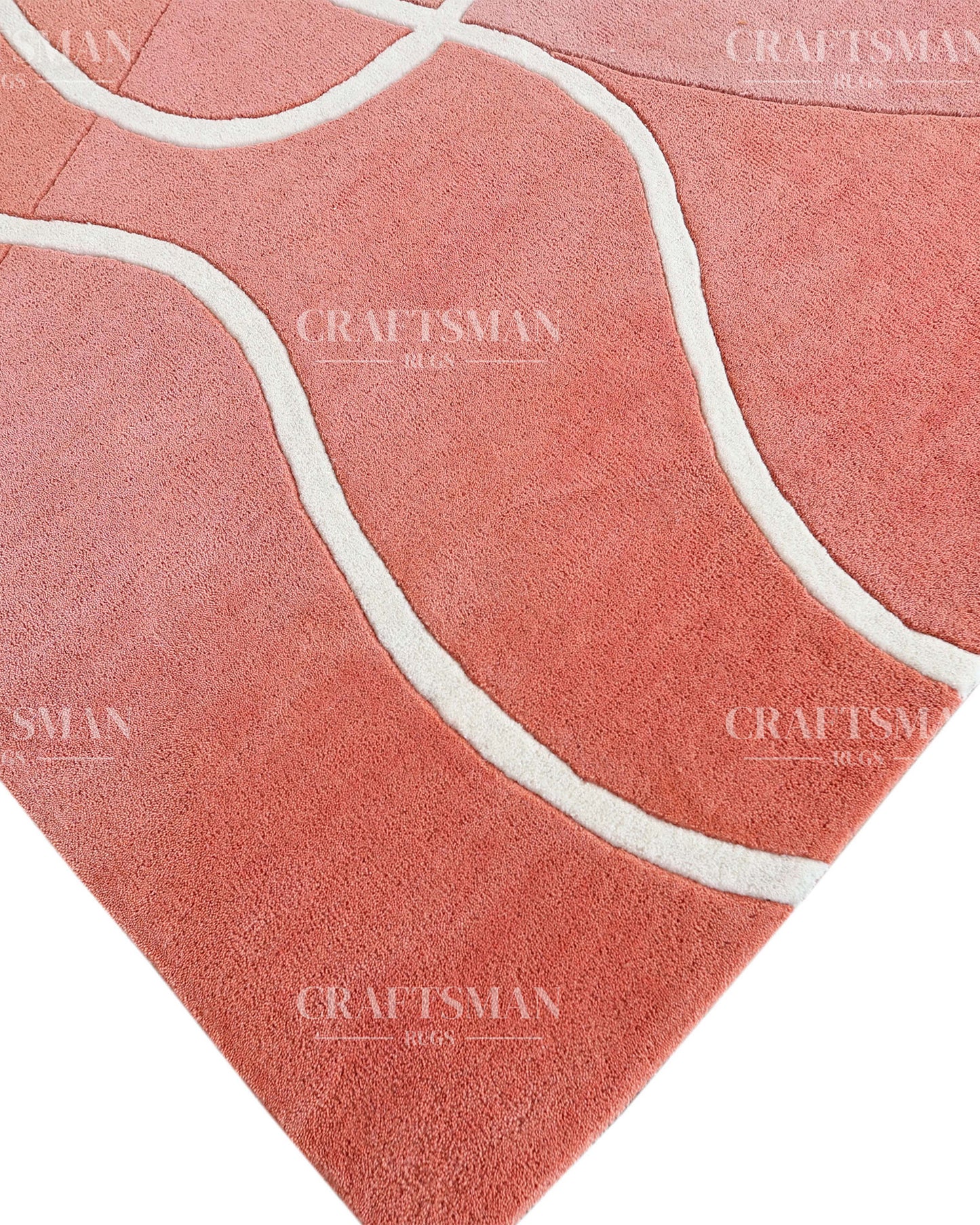 Hand‑Tufted Abstract Gradient Rug – Modern Orange, Peach & Pink Carpet with Flowing White Curves for Artistic Living Room Decor
