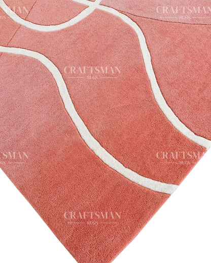 Hand‑Tufted Abstract Gradient Rug – Modern Orange, Peach & Pink Carpet with Flowing White Curves for Artistic Living Room Decor