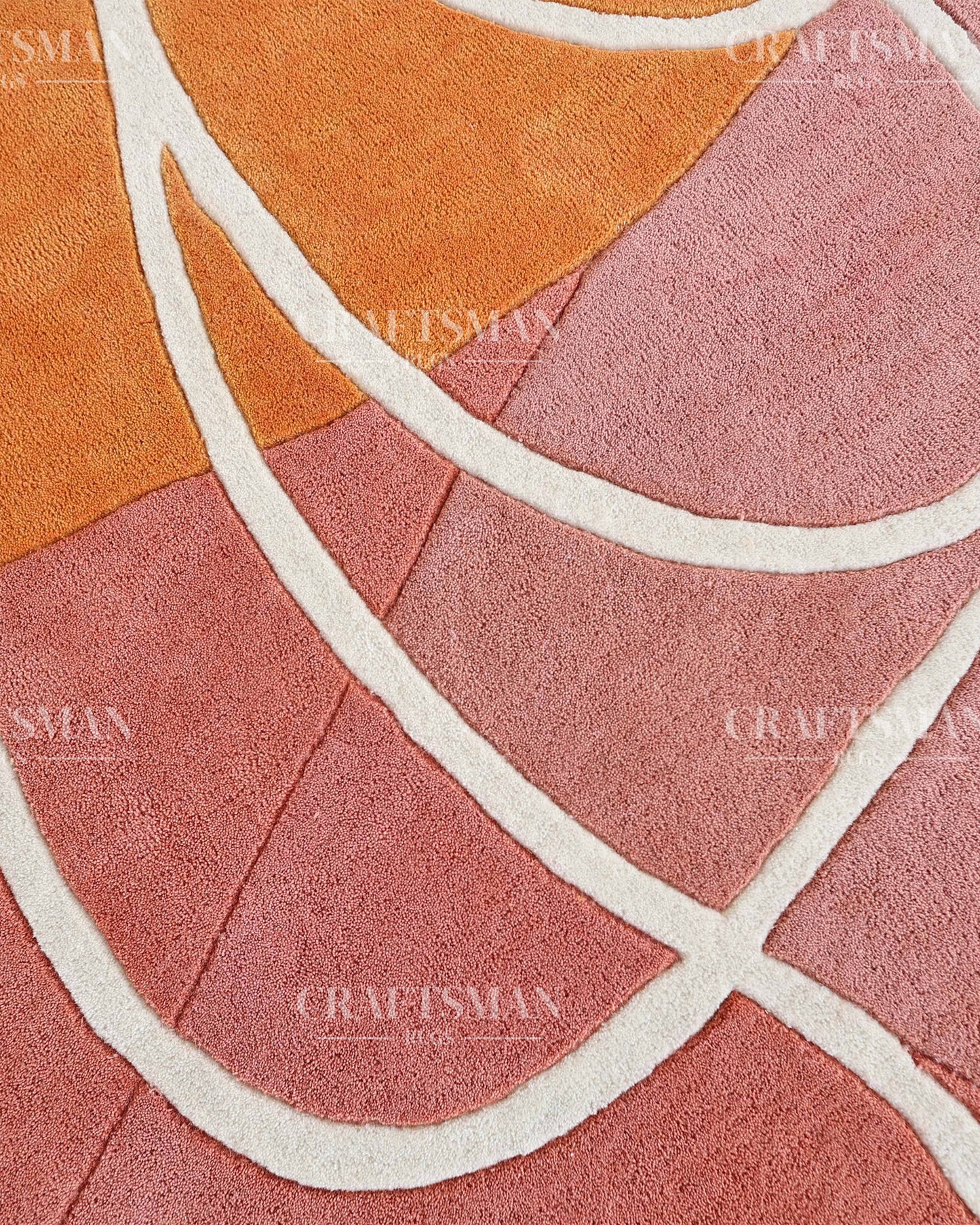 Hand‑Tufted Abstract Gradient Rug – Modern Orange, Peach & Pink Carpet with Flowing White Curves for Artistic Living Room Decor