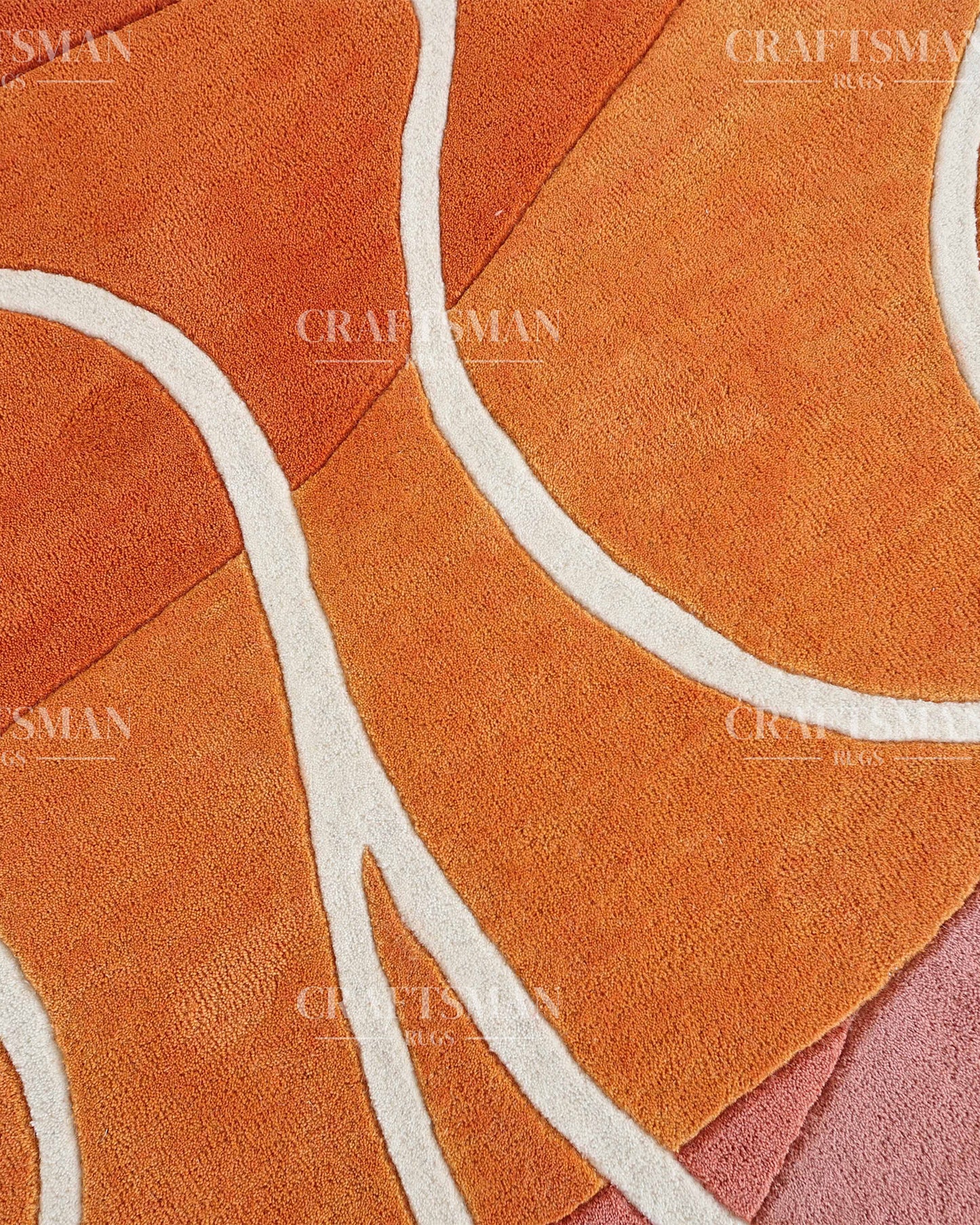 Hand‑Tufted Abstract Gradient Rug – Modern Orange, Peach & Pink Carpet with Flowing White Curves for Artistic Living Room Decor
