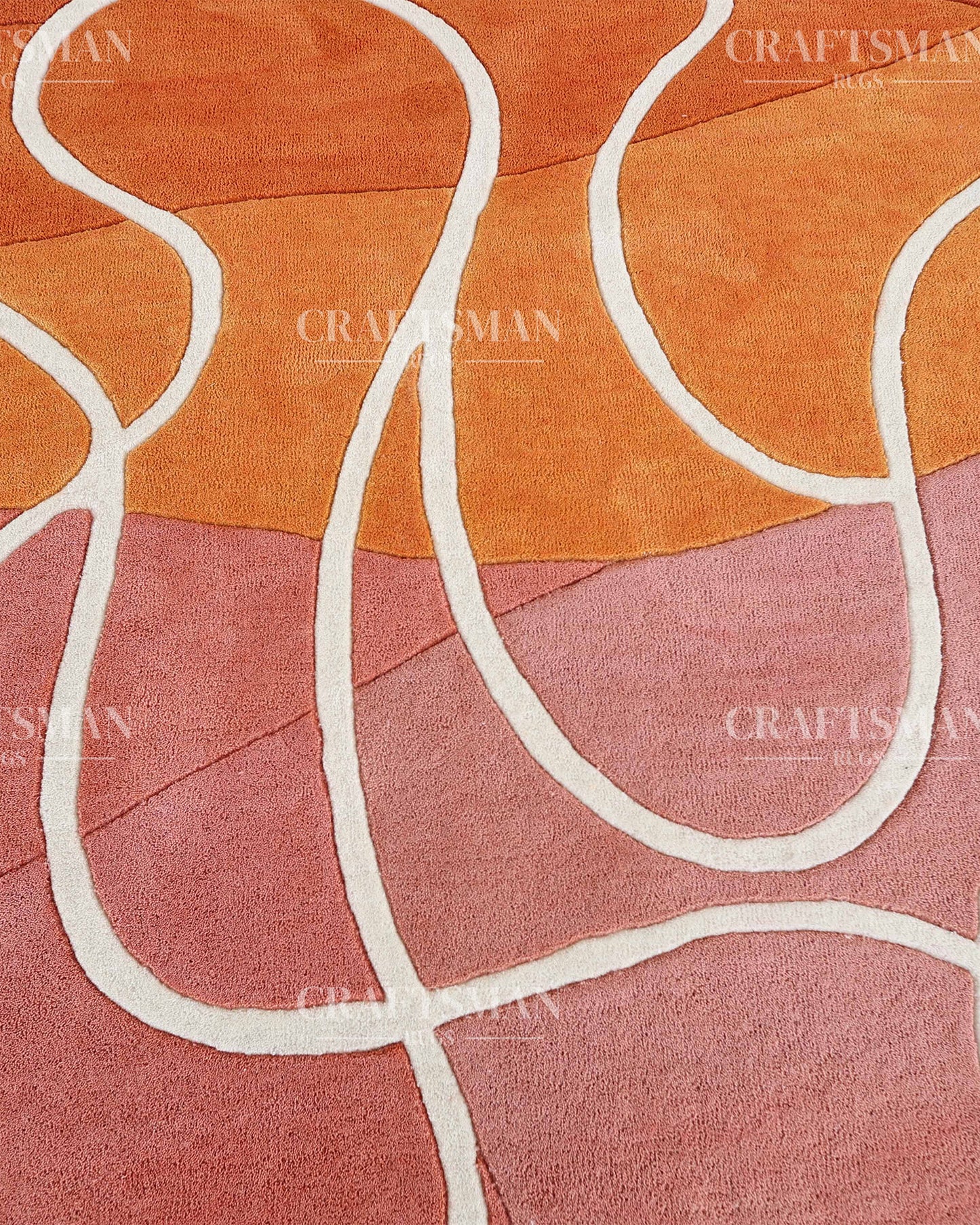 Hand‑Tufted Abstract Gradient Rug – Modern Orange, Peach & Pink Carpet with Flowing White Curves for Artistic Living Room Decor