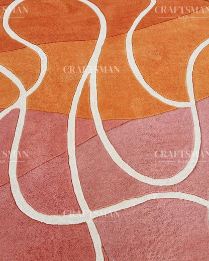 Hand‑Tufted Abstract Gradient Rug – Modern Orange, Peach & Pink Carpet with Flowing White Curves for Artistic Living Room Decor