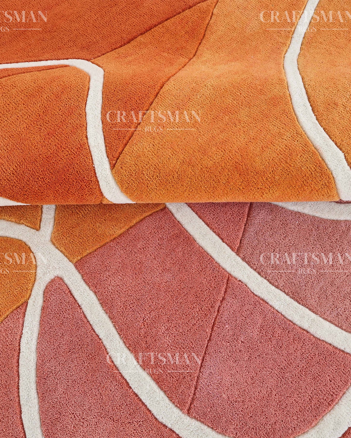 Hand‑Tufted Abstract Gradient Rug – Modern Orange, Peach & Pink Carpet with Flowing White Curves for Artistic Living Room Decor