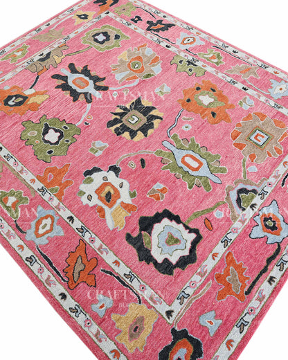 Luxury Hand Tufted Pink Floral Wool Rug – Handmade Botanical Area Carpet for Living Room, Bedroom & Modern Home Decor