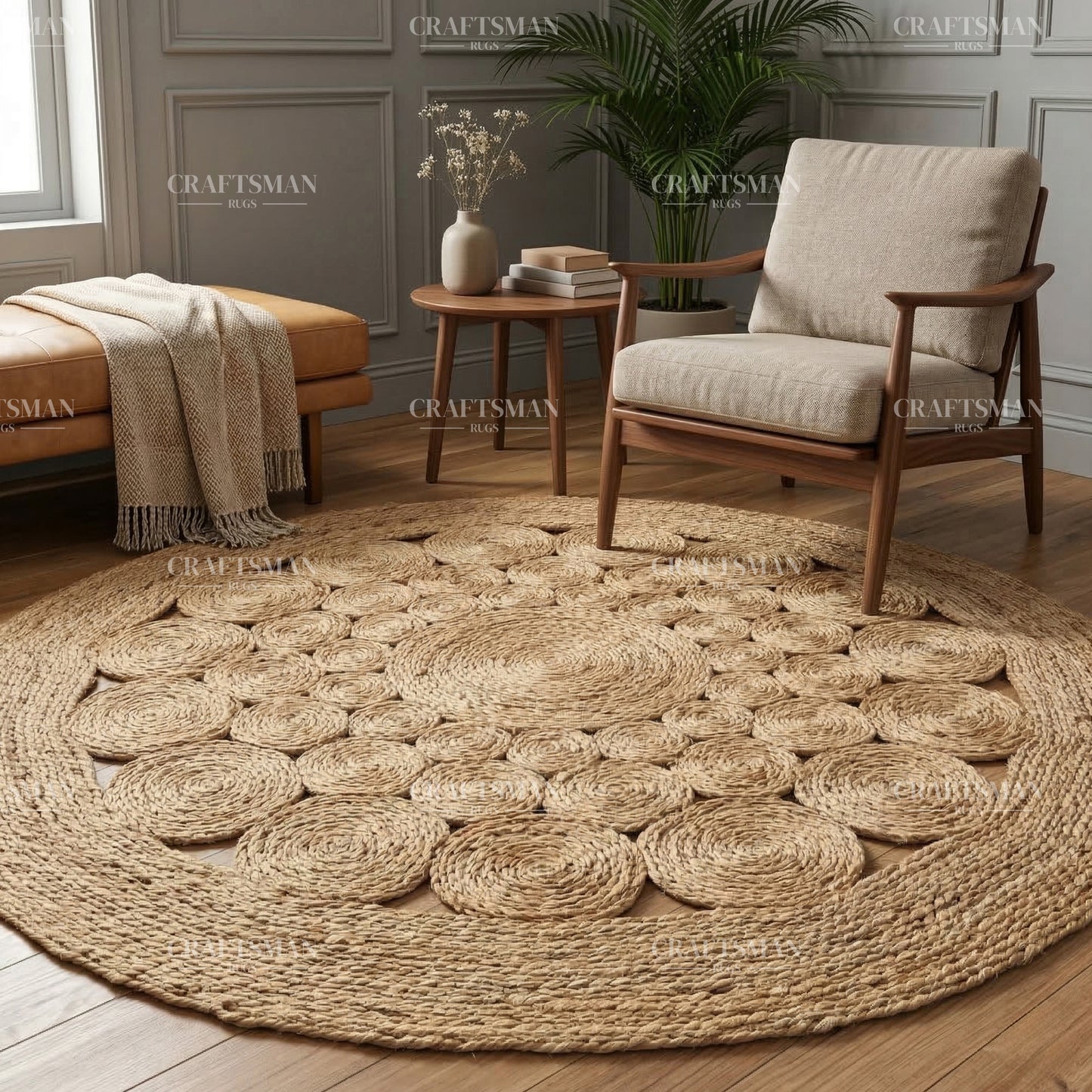 Rosette Round Jute Hand-Woven Natural Rug – Braided Boho Farmhouse Floral Circle Area Carpet for Living Room Bedroom Entryway