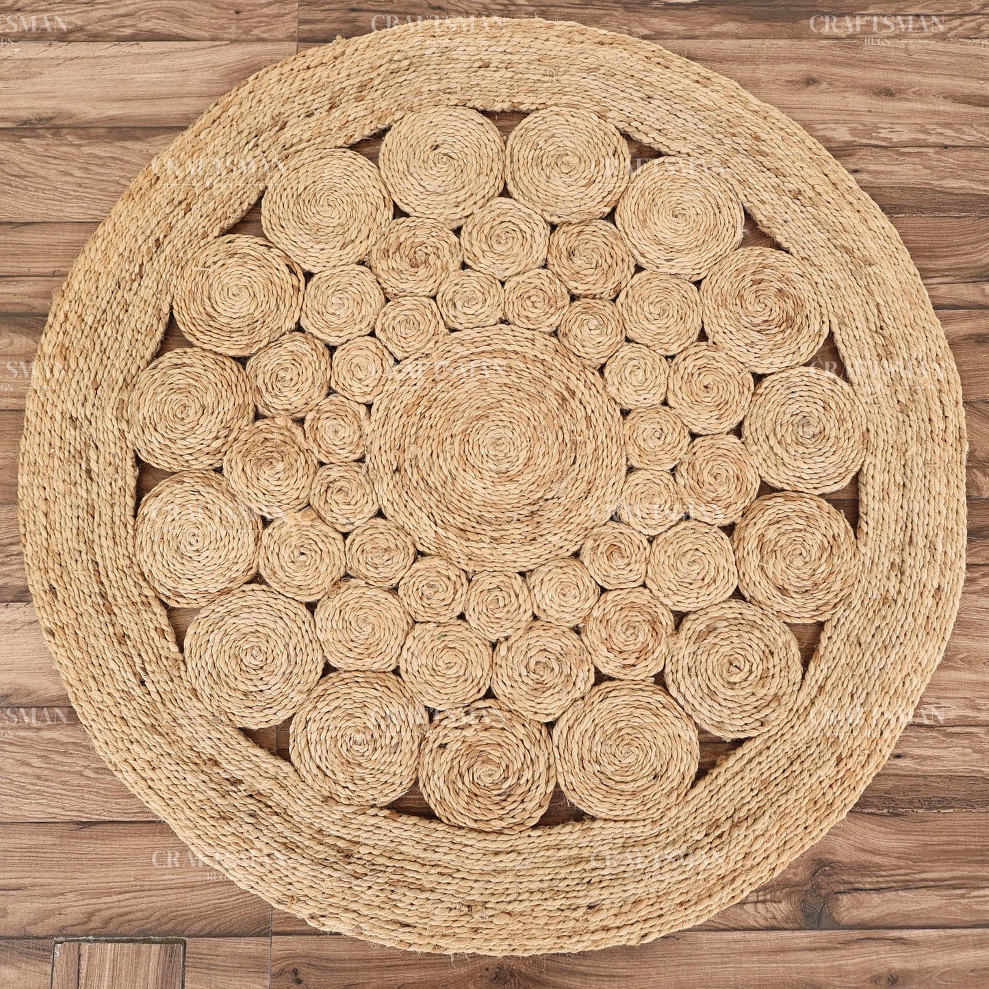 Rosette Round Jute Hand-Woven Natural Rug – Braided Boho Farmhouse Floral Circle Area Carpet for Living Room Bedroom Entryway