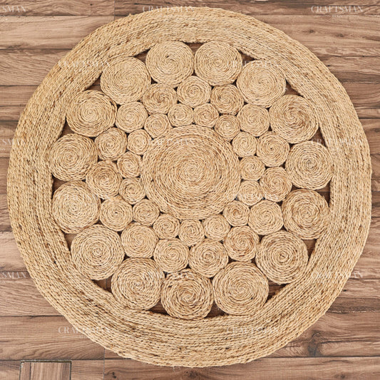 Rosette Round Jute Hand-Woven Natural Rug – Braided Boho Farmhouse Floral Circle Area Carpet for Living Room Bedroom Entryway