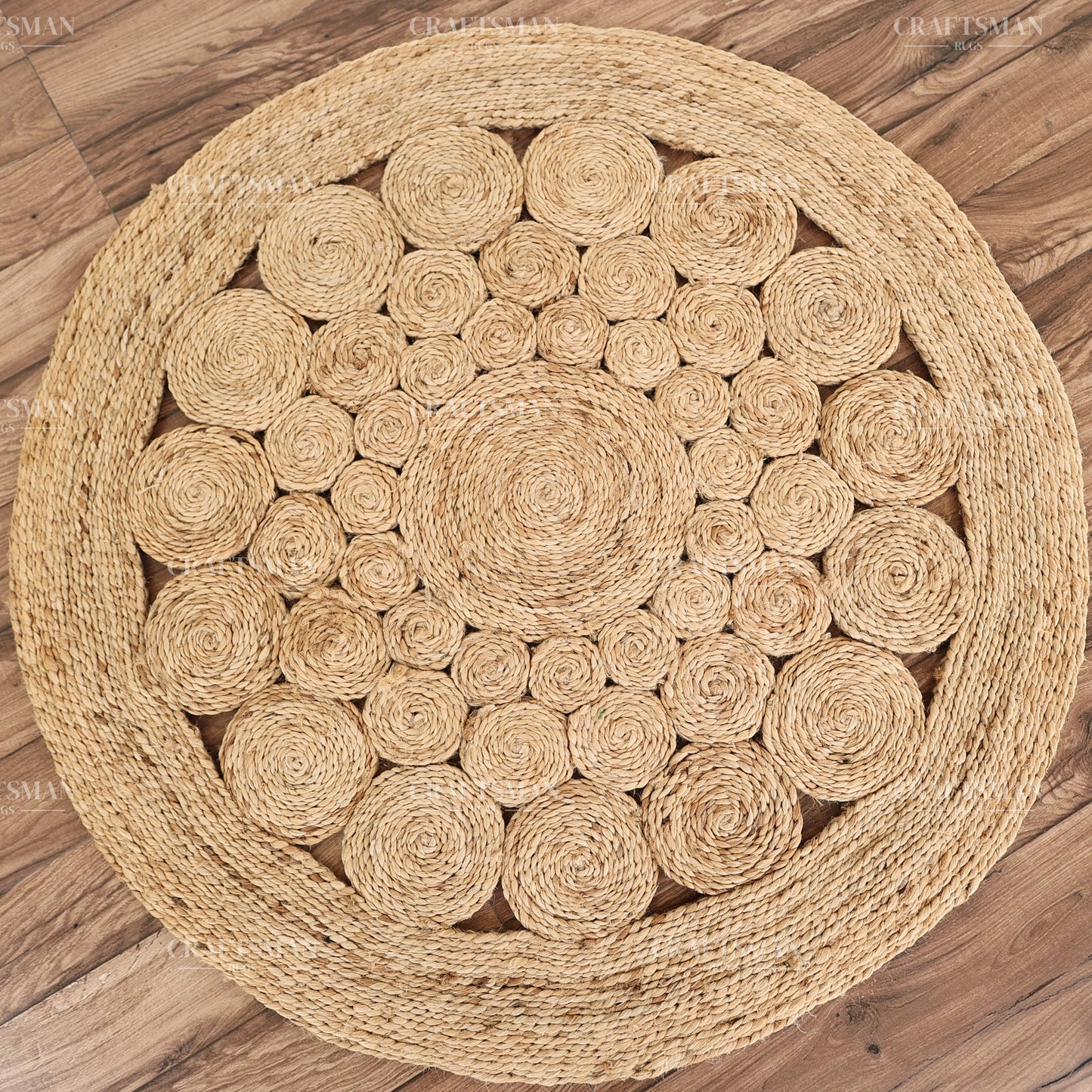 Rosette Round Jute Hand-Woven Natural Rug – Braided Boho Farmhouse Floral Circle Area Carpet for Living Room Bedroom Entryway