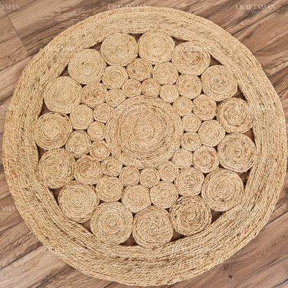 Rosette Round Jute Hand-Woven Natural Rug – Braided Boho Farmhouse Floral Circle Area Carpet for Living Room Bedroom Entryway