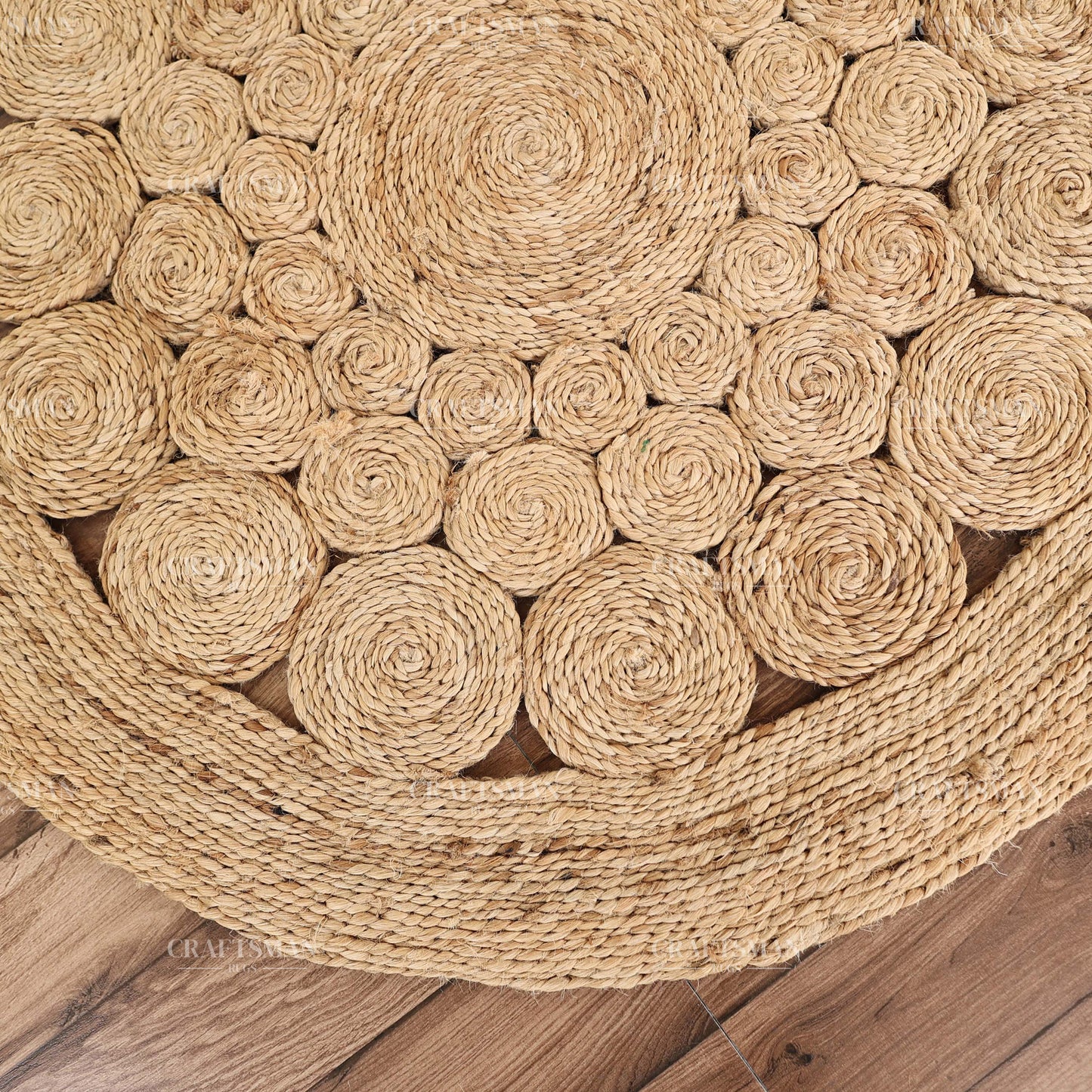 Rosette Round Jute Hand-Woven Natural Rug – Braided Boho Farmhouse Floral Circle Area Carpet for Living Room Bedroom Entryway