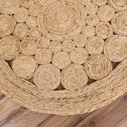 Rosette Round Jute Hand-Woven Natural Rug – Braided Boho Farmhouse Floral Circle Area Carpet for Living Room Bedroom Entryway