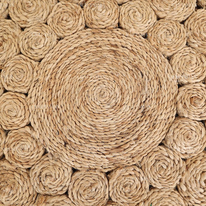 Rosette Round Jute Hand-Woven Natural Rug – Braided Boho Farmhouse Floral Circle Area Carpet for Living Room Bedroom Entryway
