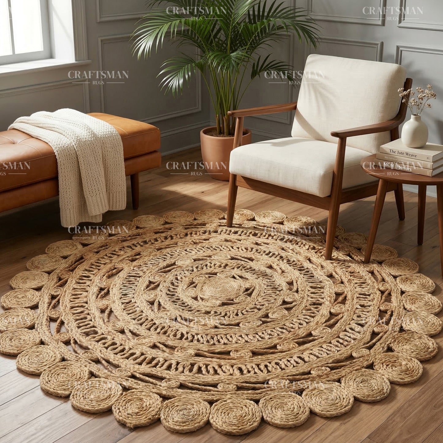Mandaluxe Round Jute Hand-Woven Natural Rug – Braided Boho Farmhouse Mandala Circle Area Carpet for Living Room Bedroom Entryway