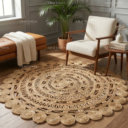 Mandaluxe Round Jute Hand-Woven Natural Rug – Braided Boho Farmhouse Mandala Circle Area Carpet for Living Room Bedroom Entryway