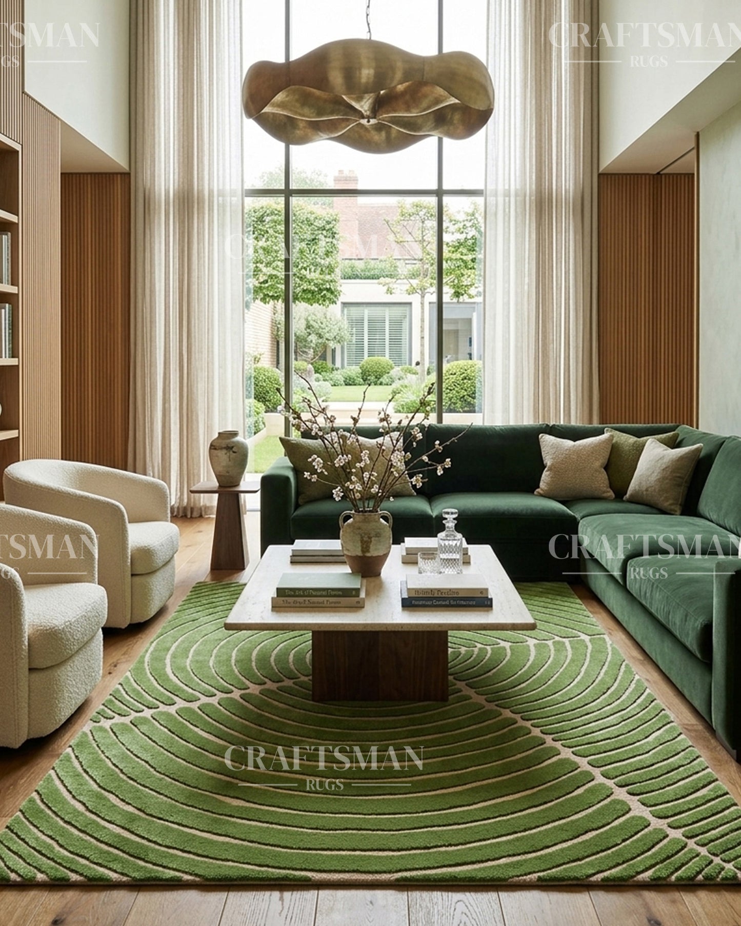 Hand Tufted Rug – Organic Green Beige Concentric Design | New Zealand Wool Carpet