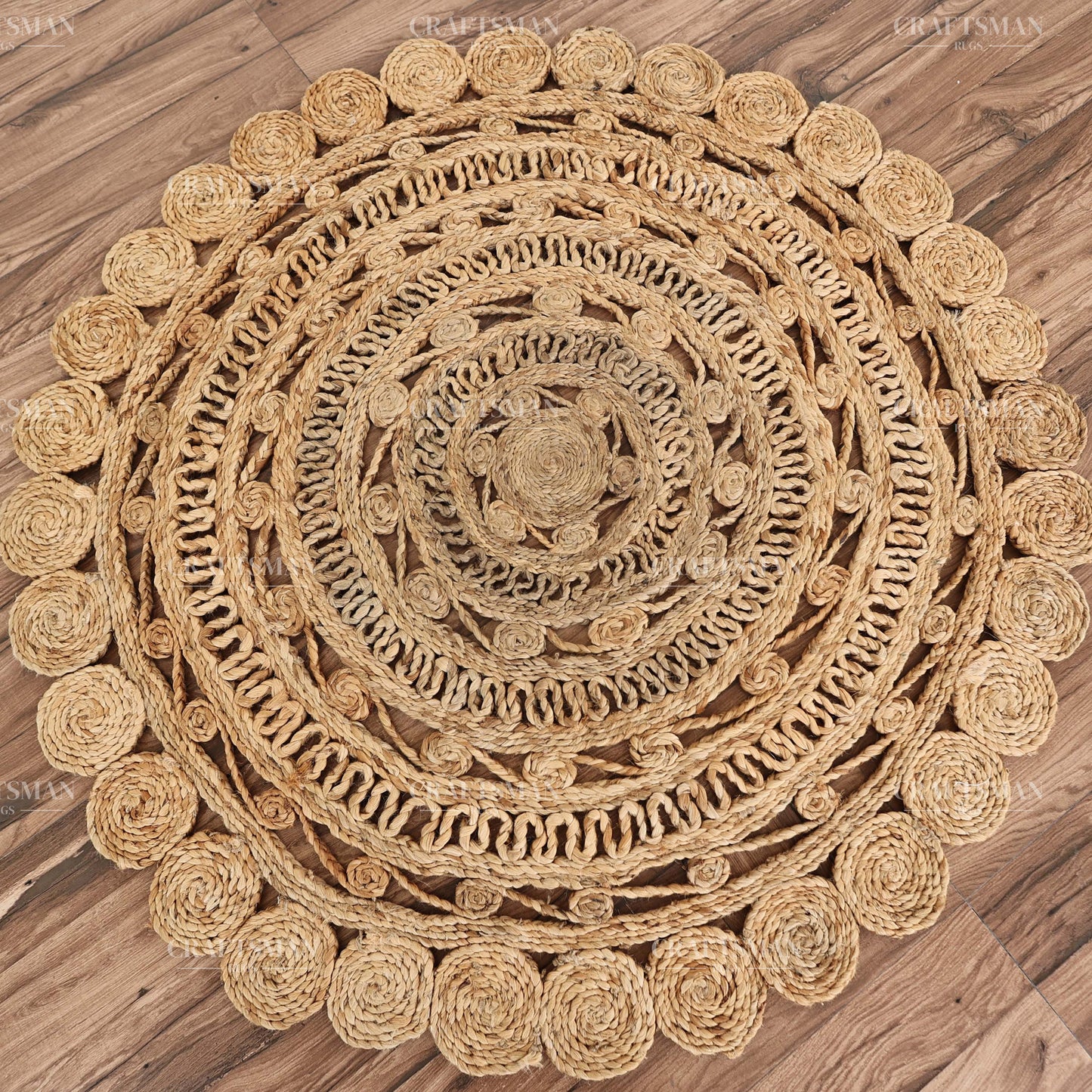 Mandaluxe Round Jute Hand-Woven Natural Rug – Braided Boho Farmhouse Mandala Circle Area Carpet for Living Room Bedroom Entryway