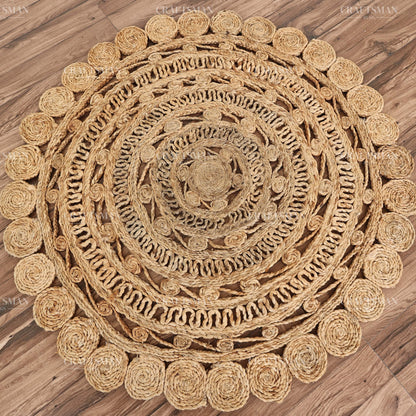Mandaluxe Round Jute Hand-Woven Natural Rug – Braided Boho Farmhouse Mandala Circle Area Carpet for Living Room Bedroom Entryway