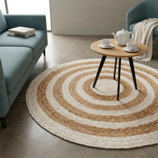 Coastline Round Jute Hand-Woven Natural Rug – Ivory Natural Striped Boho Farmhouse Circle Area Carpet for Living Room Bedroom Entryway