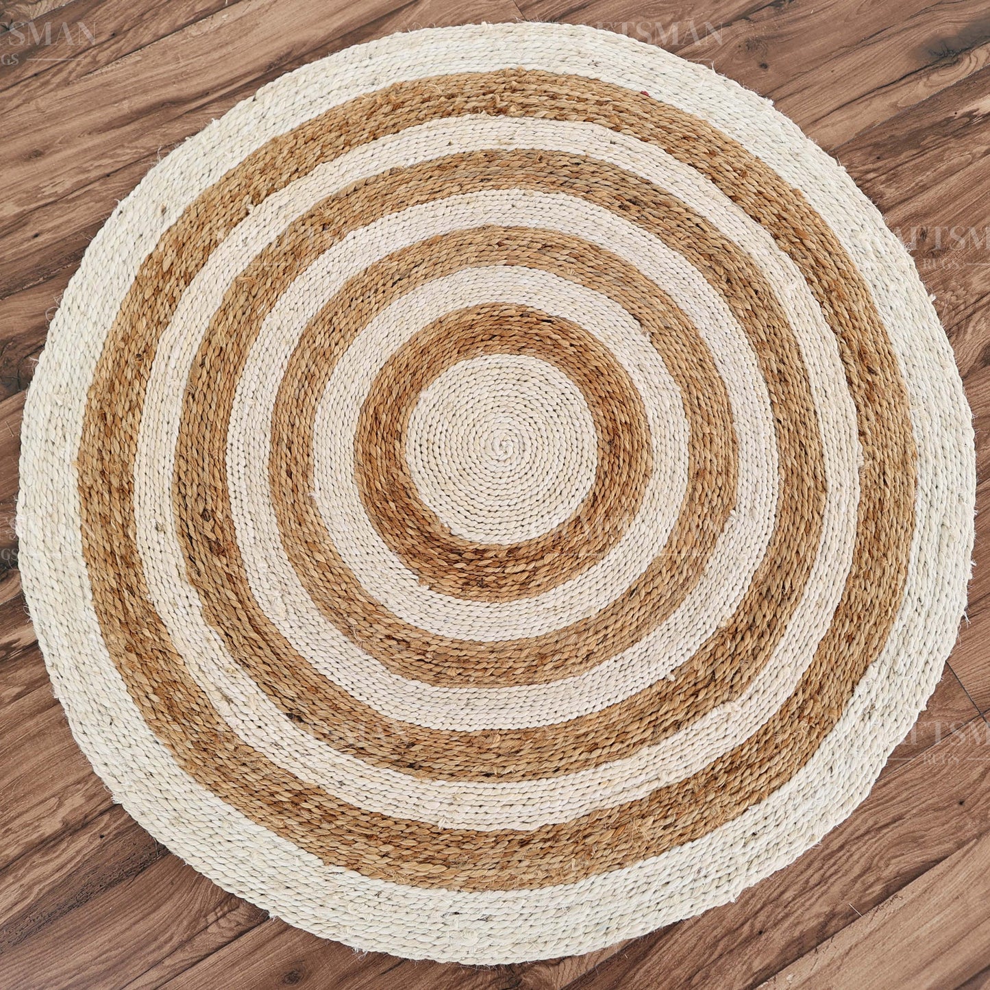 Coastline Round Jute Hand-Woven Natural Rug – Ivory Natural Striped Boho Farmhouse Circle Area Carpet for Living Room Bedroom Entryway