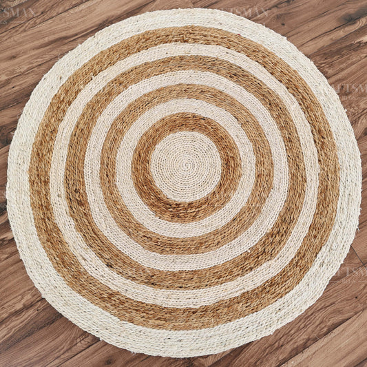 Coastline Round Jute Hand-Woven Natural Rug – Ivory Natural Striped Boho Farmhouse Circle Area Carpet for Living Room Bedroom Entryway