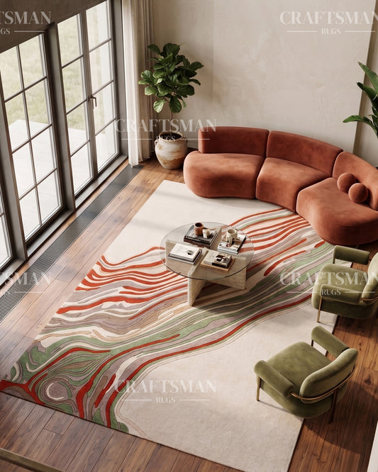 Abstract Hand Tufted Wool Rug – Modern Organic Wave Design Area Carpet in Ivory, Sage Green & Rust Orange for Living Room & Bedroom