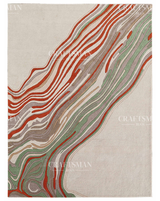Abstract Hand Tufted Wool Rug – Modern Organic Wave Design Area Carpet in Ivory, Sage Green & Rust Orange for Living Room & Bedroom