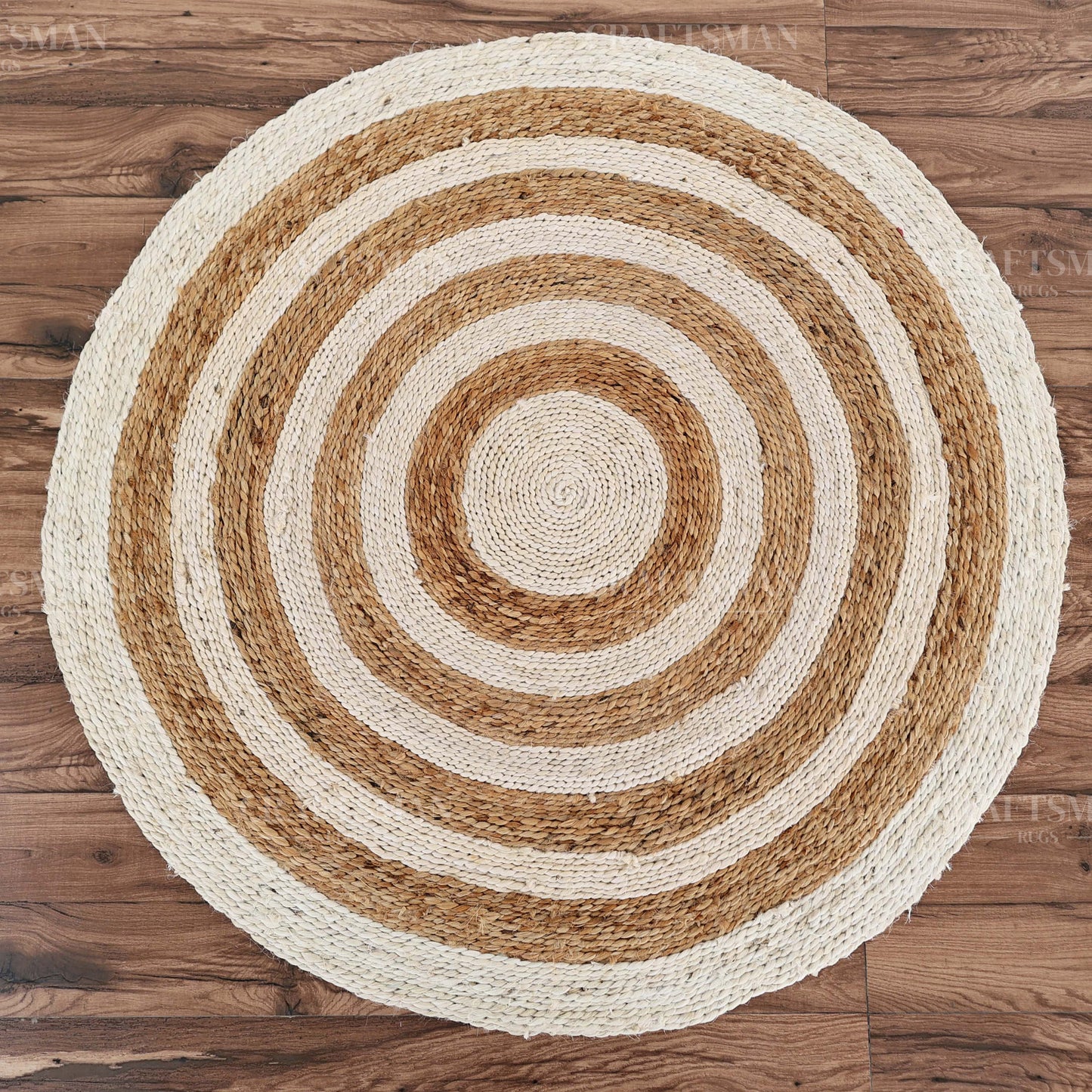 Coastline Round Jute Hand-Woven Natural Rug – Ivory Natural Striped Boho Farmhouse Circle Area Carpet for Living Room Bedroom Entryway