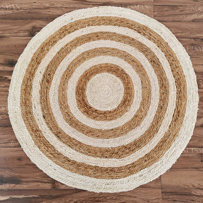 Coastline Round Jute Hand-Woven Natural Rug – Ivory Natural Striped Boho Farmhouse Circle Area Carpet for Living Room Bedroom Entryway