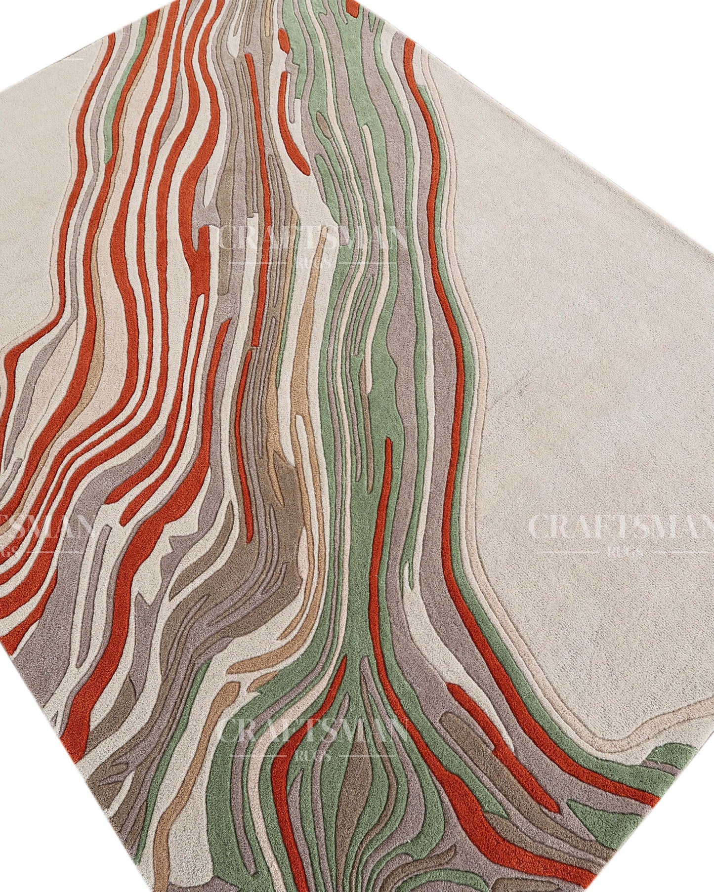 Abstract Hand Tufted Wool Rug – Modern Organic Wave Design Area Carpet in Ivory, Sage Green & Rust Orange for Living Room & Bedroom