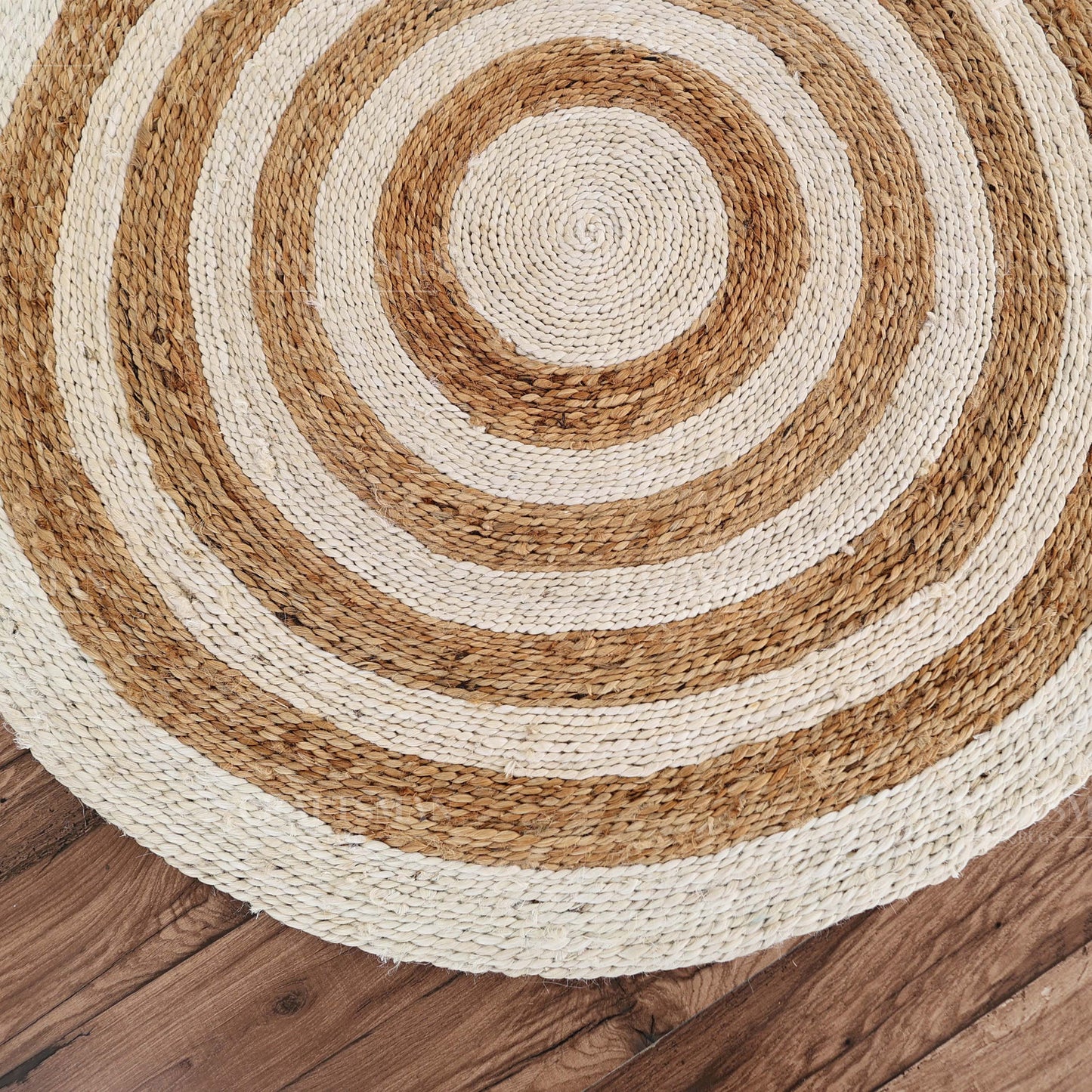 Coastline Round Jute Hand-Woven Natural Rug – Ivory Natural Striped Boho Farmhouse Circle Area Carpet for Living Room Bedroom Entryway