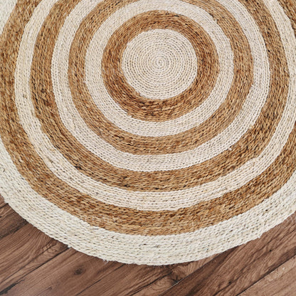 Coastline Round Jute Hand-Woven Natural Rug – Ivory Natural Striped Boho Farmhouse Circle Area Carpet for Living Room Bedroom Entryway