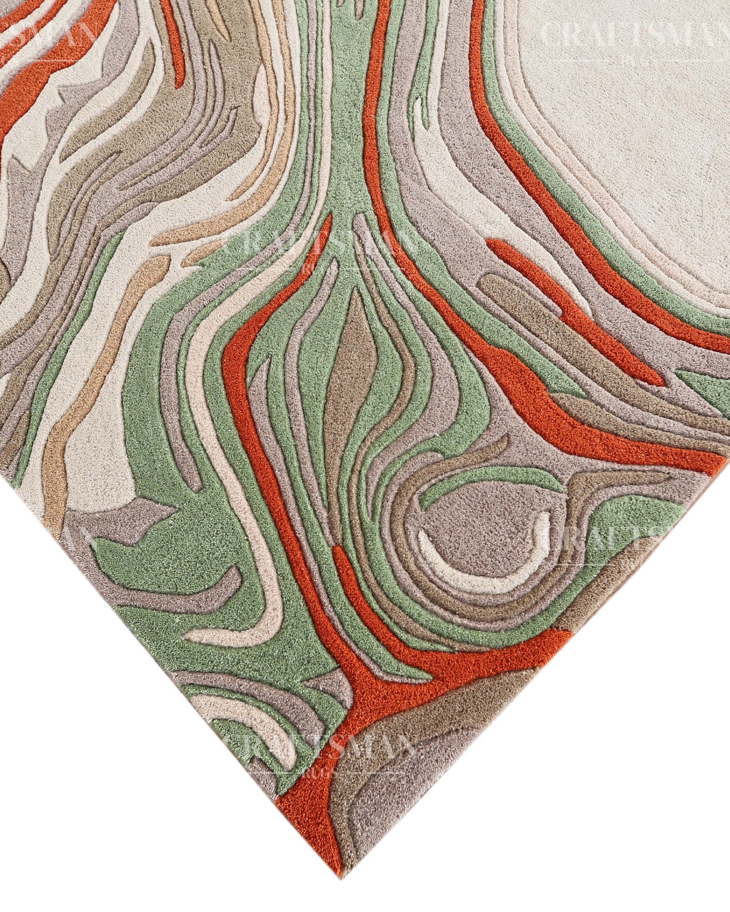 Abstract Hand Tufted Wool Rug – Modern Organic Wave Design Area Carpet in Ivory, Sage Green & Rust Orange for Living Room & Bedroom