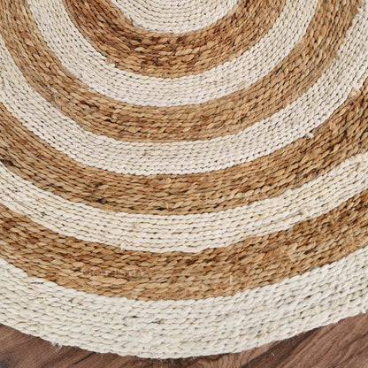 Coastline Round Jute Hand-Woven Natural Rug – Ivory Natural Striped Boho Farmhouse Circle Area Carpet for Living Room Bedroom Entryway