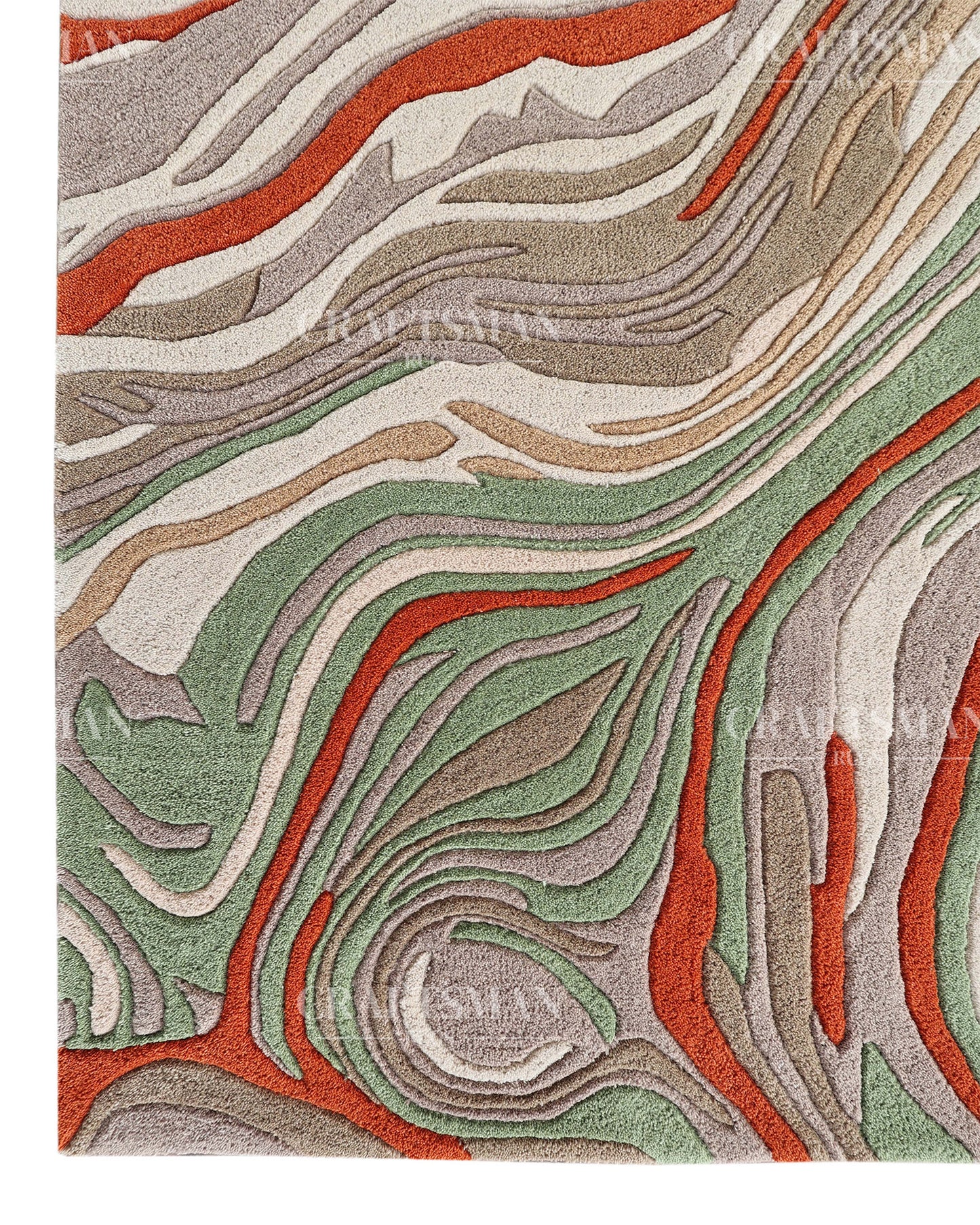 Abstract Hand Tufted Wool Rug – Modern Organic Wave Design Area Carpet in Ivory, Sage Green & Rust Orange for Living Room & Bedroom