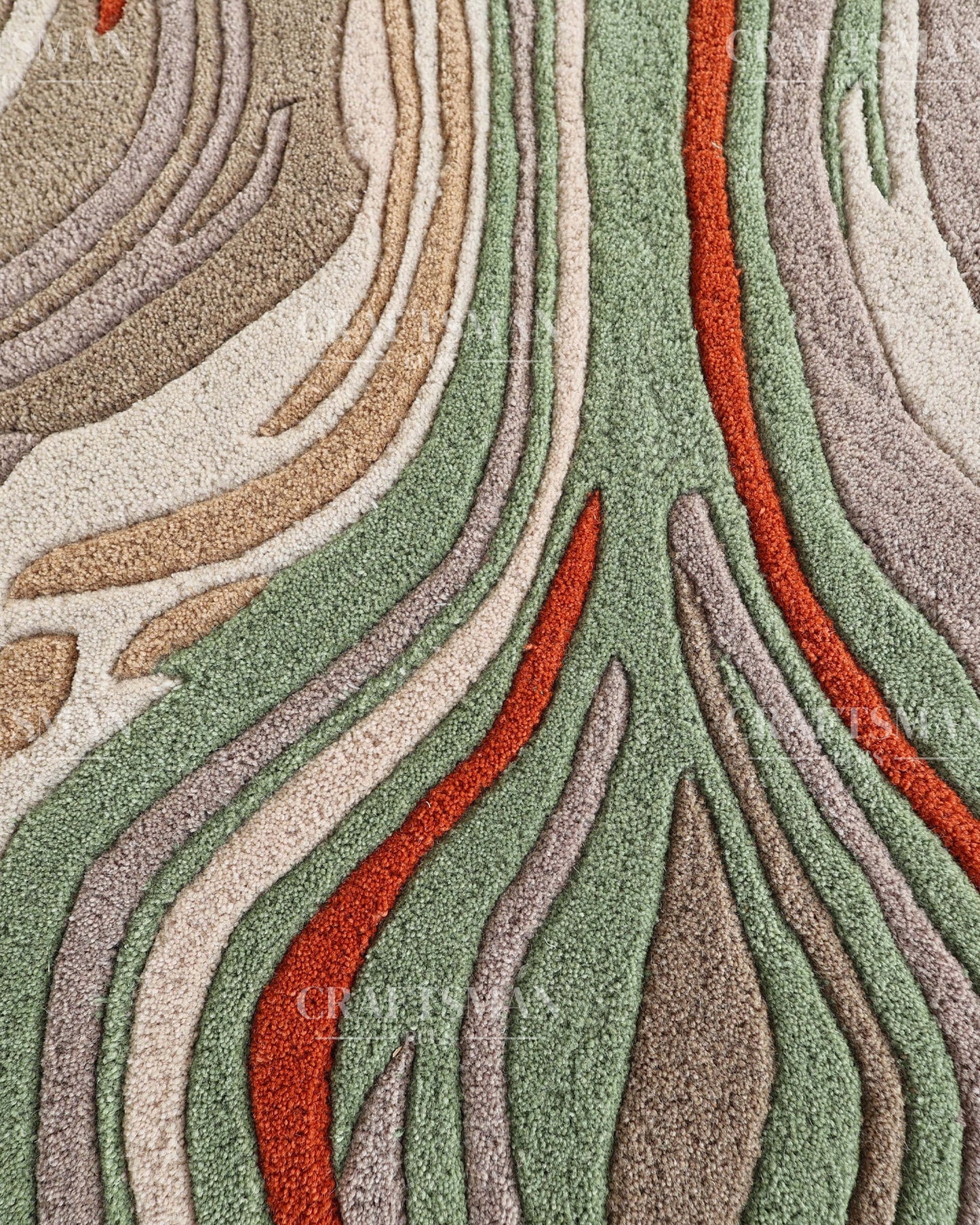 Abstract Hand Tufted Wool Rug – Modern Organic Wave Design Area Carpet in Ivory, Sage Green & Rust Orange for Living Room & Bedroom
