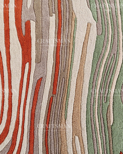 Abstract Hand Tufted Wool Rug – Modern Organic Wave Design Area Carpet in Ivory, Sage Green & Rust Orange for Living Room & Bedroom