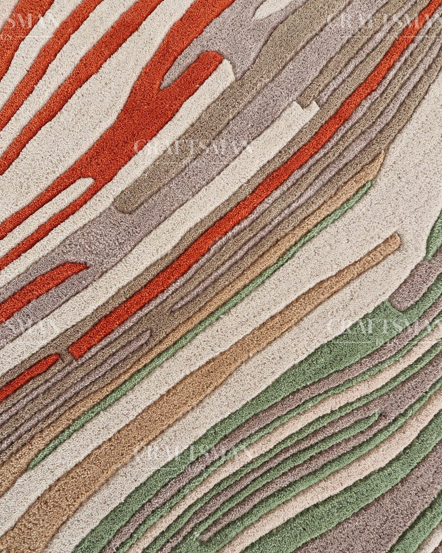 Abstract Hand Tufted Wool Rug – Modern Organic Wave Design Area Carpet in Ivory, Sage Green & Rust Orange for Living Room & Bedroom