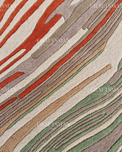 Abstract Hand Tufted Wool Rug – Modern Organic Wave Design Area Carpet in Ivory, Sage Green & Rust Orange for Living Room & Bedroom