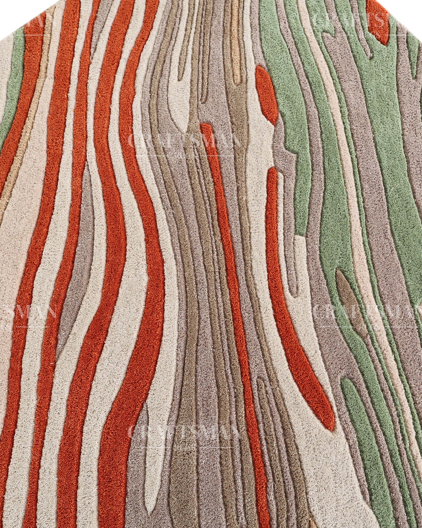 Abstract Hand Tufted Wool Rug – Modern Organic Wave Design Area Carpet in Ivory, Sage Green & Rust Orange for Living Room & Bedroom