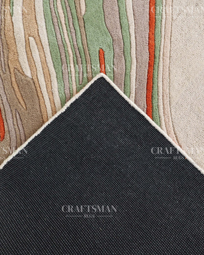 Abstract Hand Tufted Wool Rug – Modern Organic Wave Design Area Carpet in Ivory, Sage Green & Rust Orange for Living Room & Bedroom