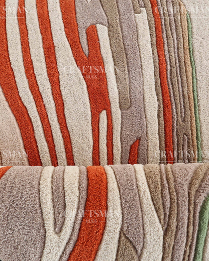 Abstract Hand Tufted Wool Rug – Modern Organic Wave Design Area Carpet in Ivory, Sage Green & Rust Orange for Living Room & Bedroom