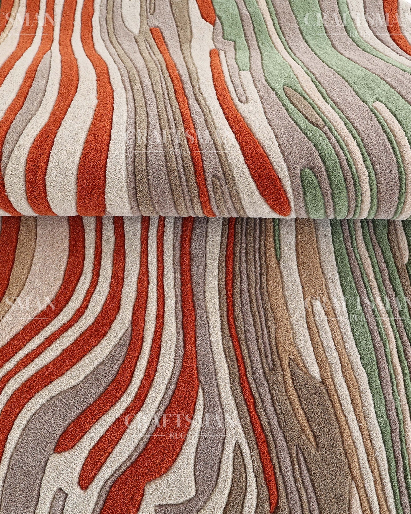 Abstract Hand Tufted Wool Rug – Modern Organic Wave Design Area Carpet in Ivory, Sage Green & Rust Orange for Living Room & Bedroom