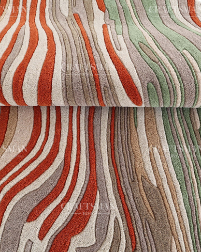 Abstract Hand Tufted Wool Rug – Modern Organic Wave Design Area Carpet in Ivory, Sage Green & Rust Orange for Living Room & Bedroom