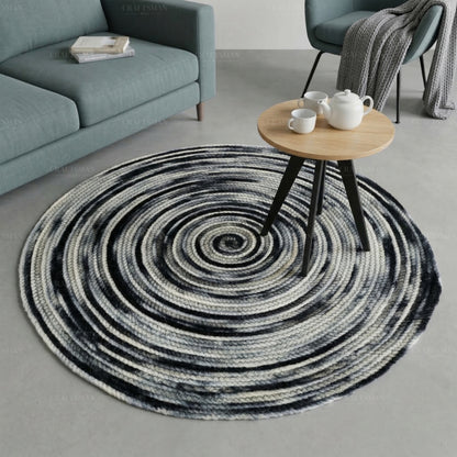 Monochrome Round Jute Hand-Woven Natural Rug – Black Ivory Striped Boho Farmhouse Circle Area Carpet for Living Room Bedroom Entryway