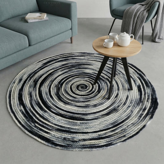 Monochrome Round Jute Hand-Woven Natural Rug – Black Ivory Striped Boho Farmhouse Circle Area Carpet for Living Room Bedroom Entryway