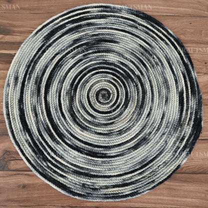 Monochrome Round Jute Hand-Woven Natural Rug – Black Ivory Striped Boho Farmhouse Circle Area Carpet for Living Room Bedroom Entryway