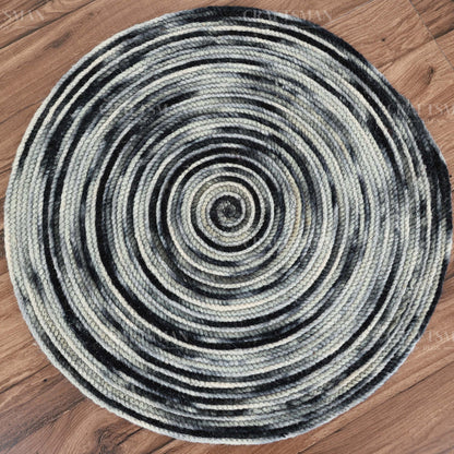 Monochrome Round Jute Hand-Woven Natural Rug – Black Ivory Striped Boho Farmhouse Circle Area Carpet for Living Room Bedroom Entryway